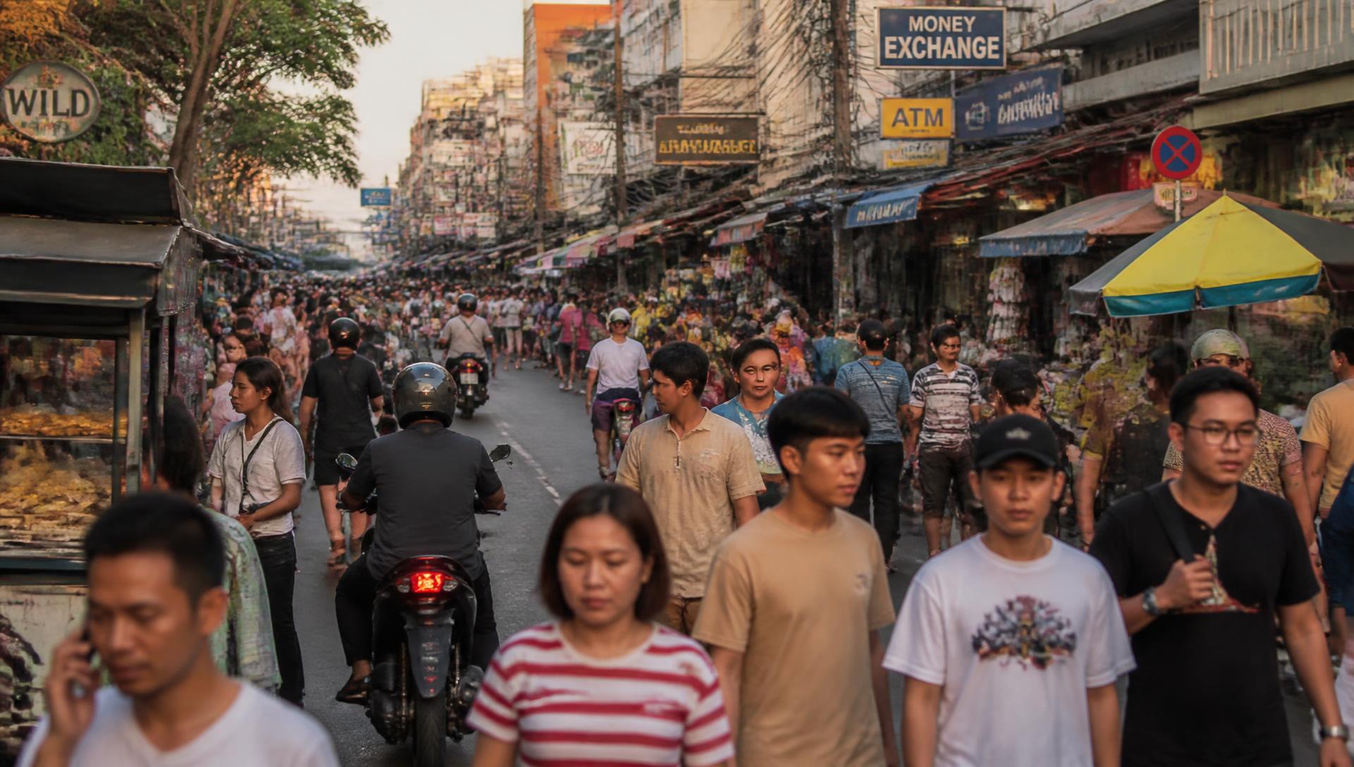 Busy Southeast Asian city street crowded with people